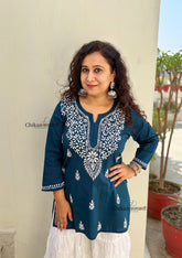 Tia Cotton Short Chikankari Kurti - Teal Blue